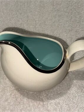 Taylor Smith White Ceramic Creamer Pitcher Gravy Boat Teal Inside Silver Vintage